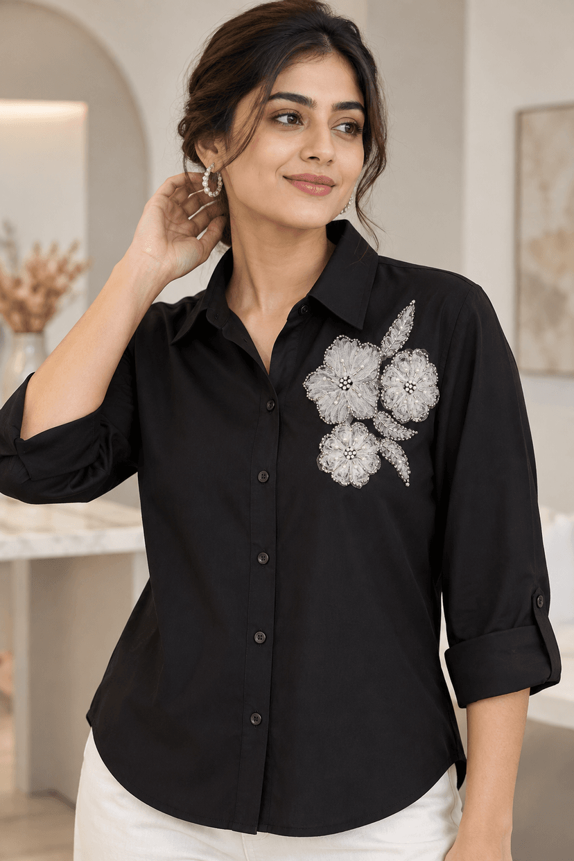 White Floral Pearl & Silver Beaded Embroidery Patch
