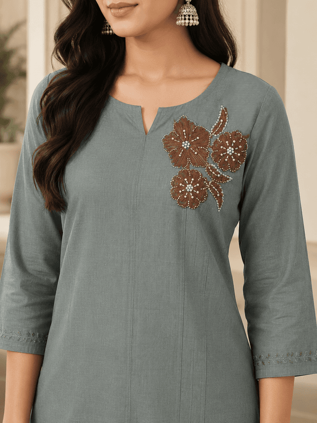 Mocha Brown Floral Pearl & Silver Beaded Embroidery Patch