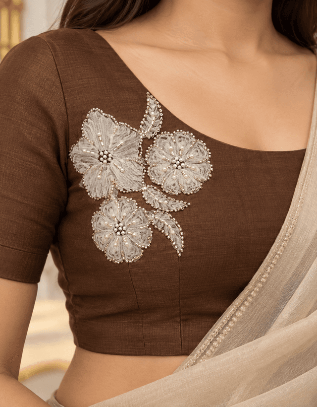 White Floral Pearl & Silver Beaded Embroidery Patch