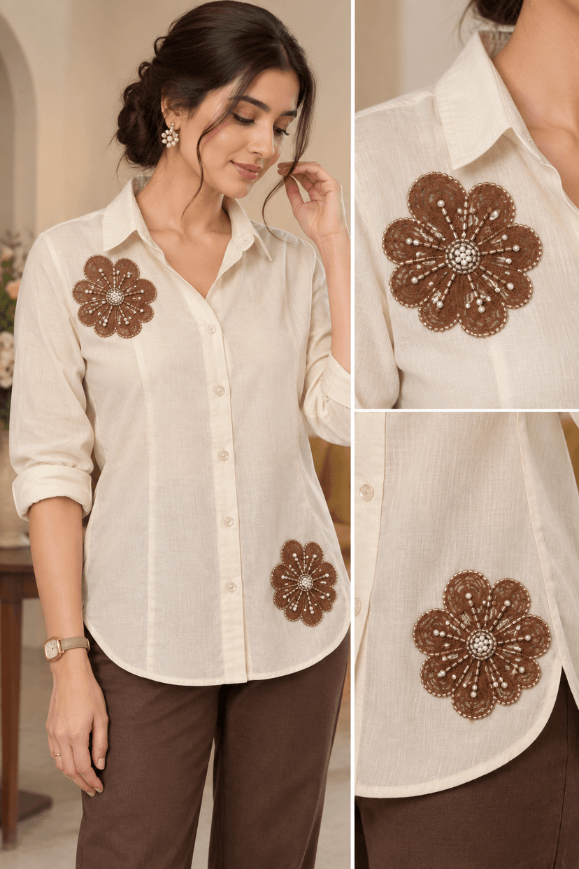Mocha Brown Pearl & Silver Beaded Floral Embroidery Patch